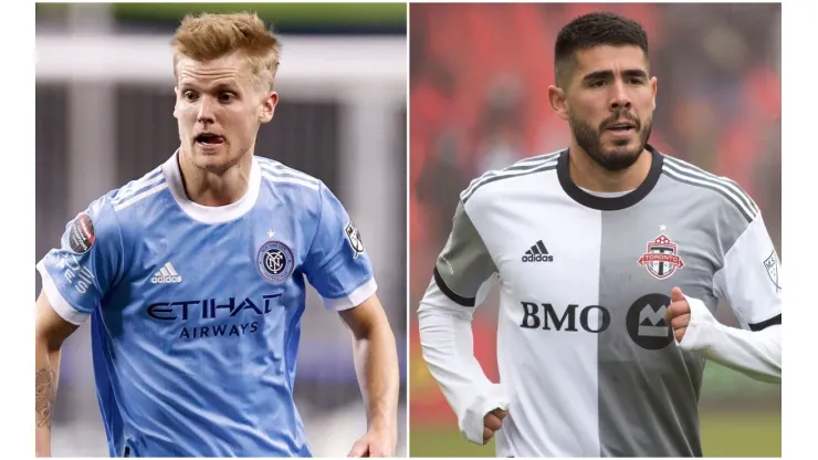 Keaton Parks of New York City FC and Alejandro Pozuelo of Toronto FC
