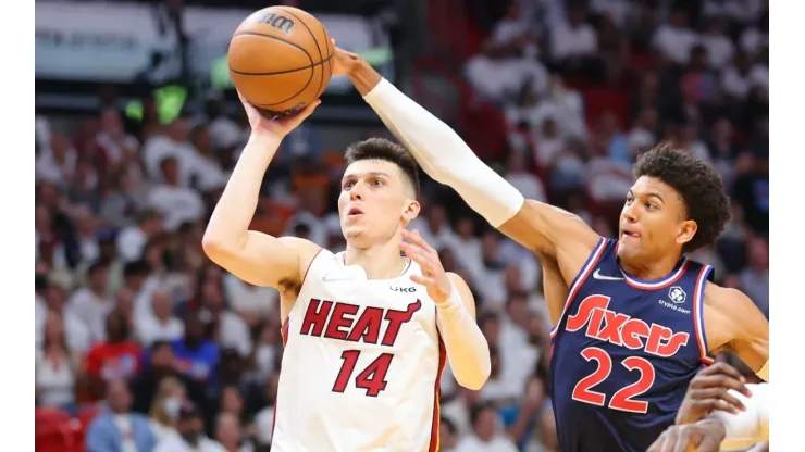 Tyler Herro of Miami Heat and Matisse Thybulle of the Philadelphia 76ers
