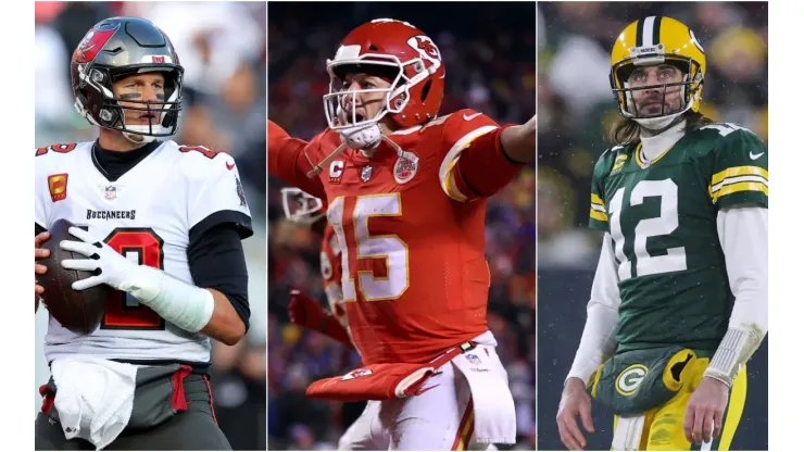 Tom Brady of Tampa Bay Buccaneers, Patrick Mahomes of Kansas City Chiefs and Aaron Rodgers of the Green Bay Packers
