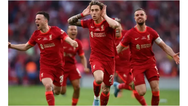 Kostas Tsimikas of Liverpool celebrates FA Cup title
