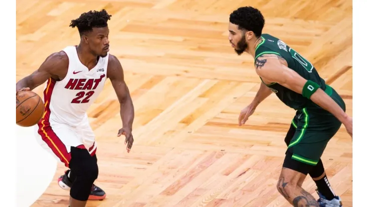 Jayson Tatum guarding Jimmy Butler
