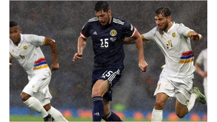 Scott McKenna of Scotland controls the ball during the match between Scotland and Armenia
