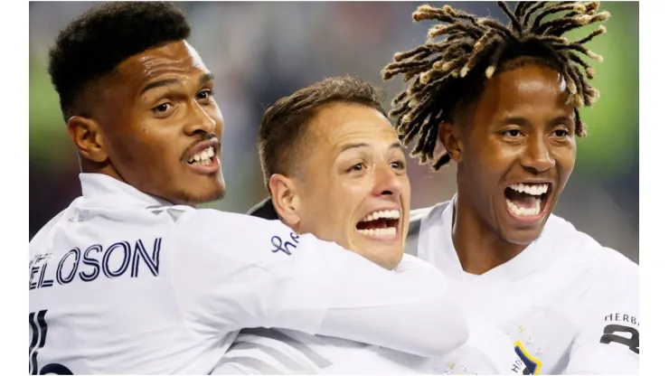 Javier Hernandez of Los Angeles FC celebrates his goal with Rayan Raveloson and Kevin Cabral
