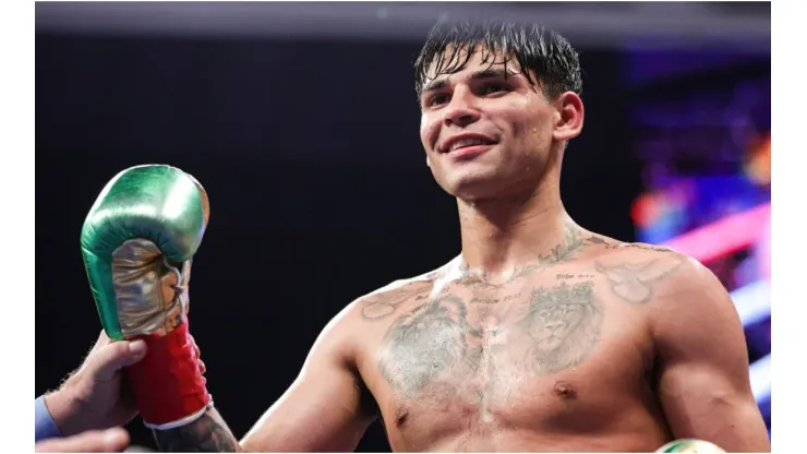 Ryan Garcia celebrates defeating Emmanuel Tagoe
