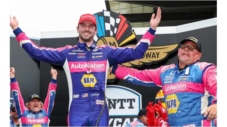 Alexander Rossi celebrates after winning the Gallagher Grand Prix
