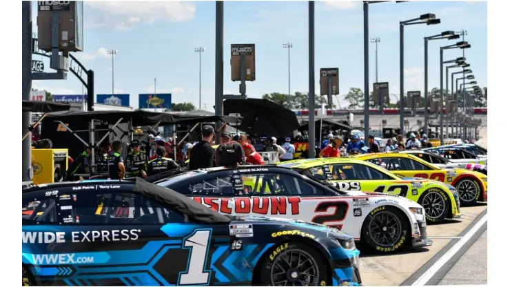 A general view of cars parked on the grid during practice for the NASCAR Cup Series Cook Out Southern 500
