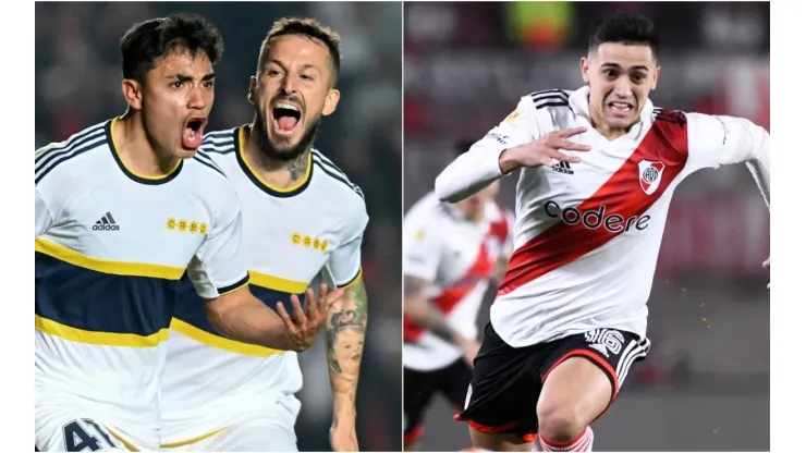 Luca Langoni and Dario Benedetto of Boca Juniors and Pablo Solari of River Plate
