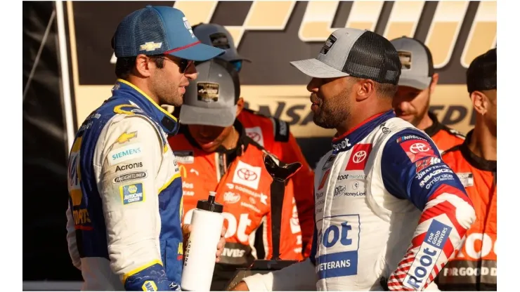 Chase Elliott congratulates Bubba Wallace after winning the Hollywood Casino 400
