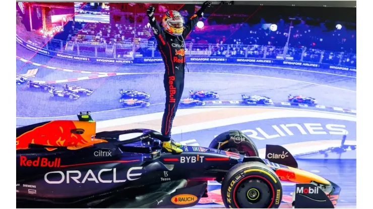 Sergio Perez celebrates finishing in first position during the F1 Grand Prix of Singapore
