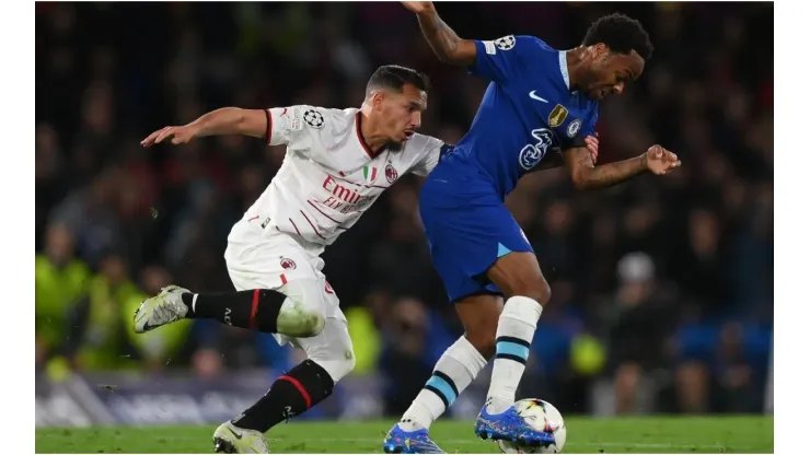 Raheem Sterling of Chelsea is challenged by Ismael Bennacer of AC Milan
