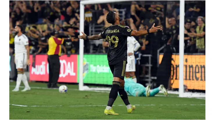 Denis Bouanga of Los Angeles FC celebrates the winning goal by Cristian Arango against Los Angeles Galaxy
