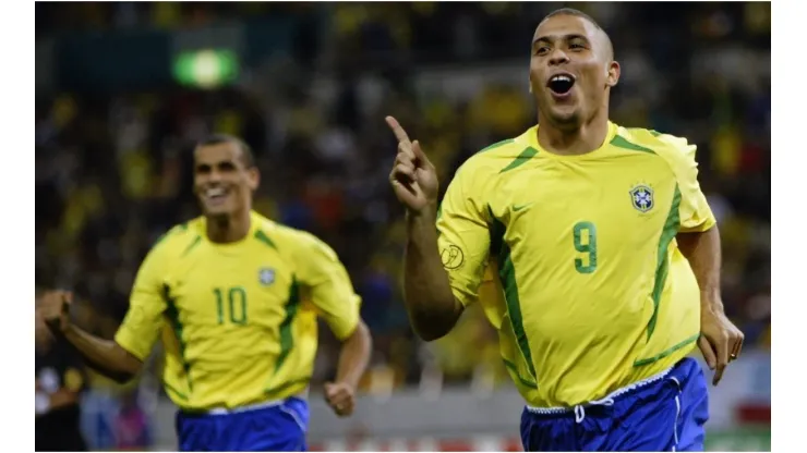 Ronaldo of Brazil celebrates scoring the winning goal during the FIFA World Cup Finals 2002
