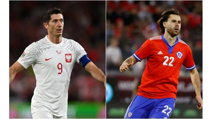 Robert Lewandowski of Poland (L) and Ben Brereton of Chile (R)
