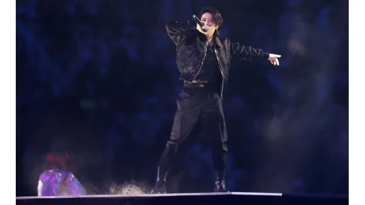 Jung Kook of BTS performs during the opening ceremony prior to the FIFA World Cup Qatar 2022 .
