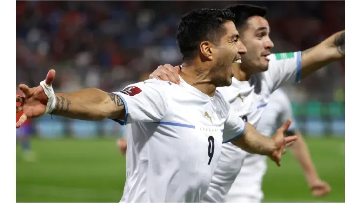 Luis Suarez of Uruguay celebrates after scoring
