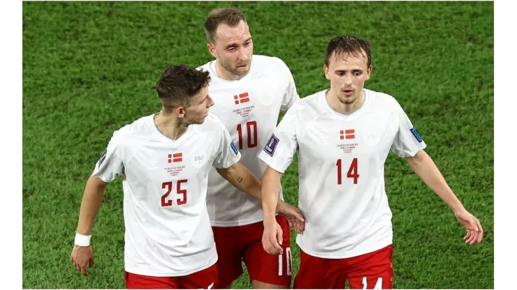 Jesper Lindstrom, Christian Eriksen and Mikkel Damsgaard of Denmark
