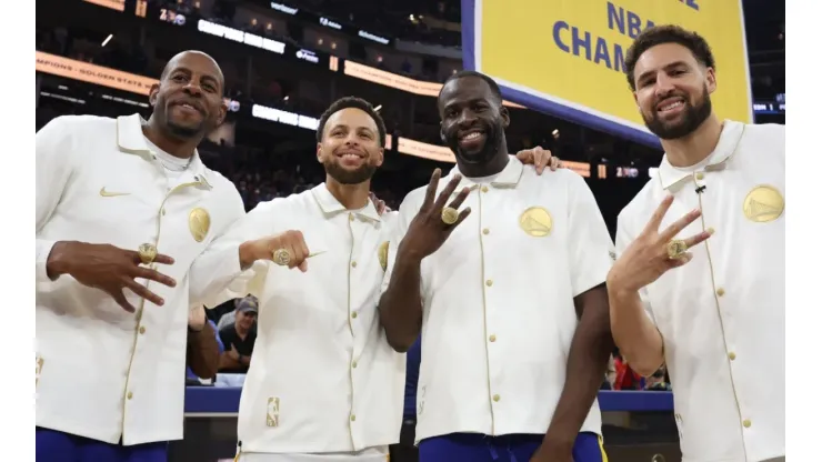 Andre Iguodala, Stephen Curry, Draymond Green, and Klay Thompson of the Golden State Warriors
