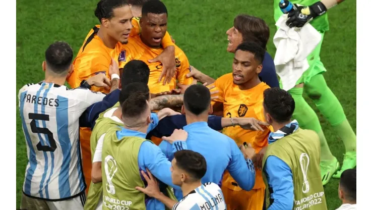 Netherlands and Argentina players clash during the FIFA World Cup Qatar 2022 quarter final match.
