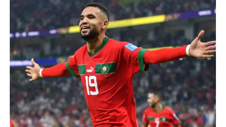 Youssef En-Nesyri of Morocco celebrates after scoring against Portugal
