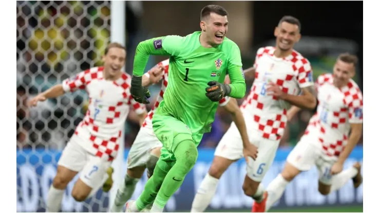 Dominik Livakovic of Croatia celebrates the win via a penalty shootout
