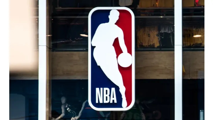 An NBA logo is shown at the 5th Avenue NBA store
