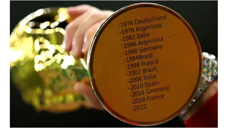 Detail of a replica FIFA World Cup Trophy
