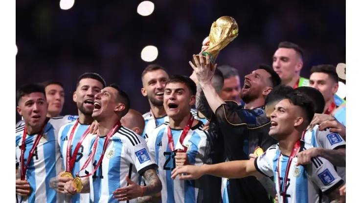 Lionel Messi of Argentina lifts the FIFA World Cup Qatar 2022 Winner's Trophy.
