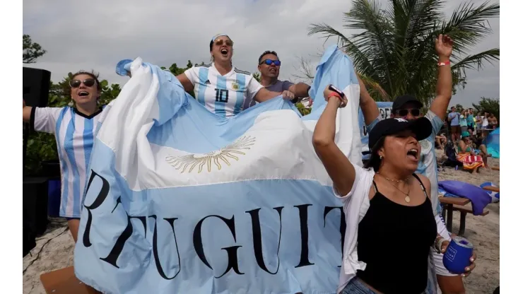 Argentina soccer fans react as their team beats France as they watch the game during the Haig Club’s Stadium in the Sand Ballyhoo Media World Cup watch party.
