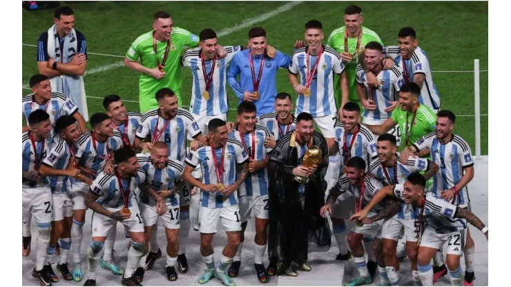 Lionel Messi of Argentina lifts the FIFA World Cup Trophy
