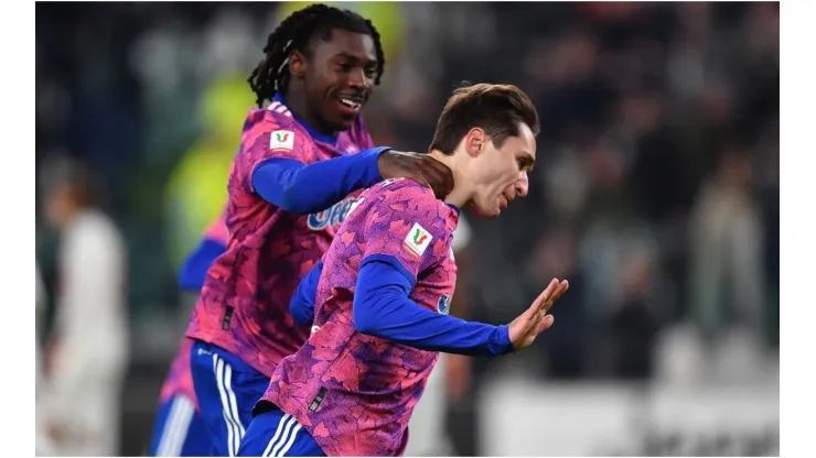 Federico Chiesa of Juventus celebrates a goal with team mate Moise Kean
