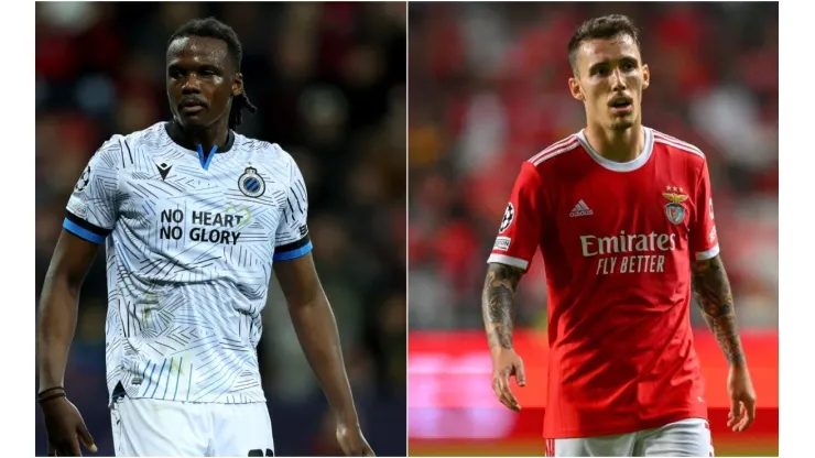 Dedryck Boyata of Brugge and Alex Grimaldo of SL Benfica
