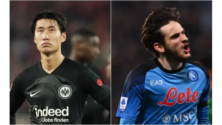 Daichi Kamada of Eintracht Frankfurt and Khvicha Kvaratskhelia of SSC Napoli
