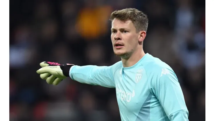 Alexander Nübel of Monaco in the first leg against Bayer Leverkusen in the UEFA Europa League
