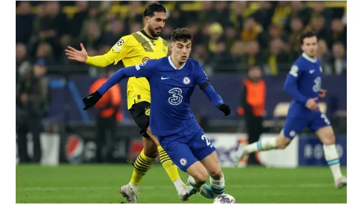 Emre Can of Dortmund challenges Kai Havertz of Chelsea
