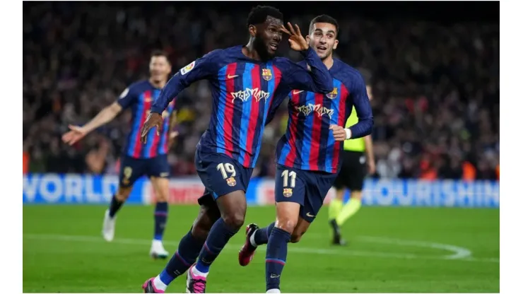 Franck Kessie of FC Barcelona celebrates after scoring
