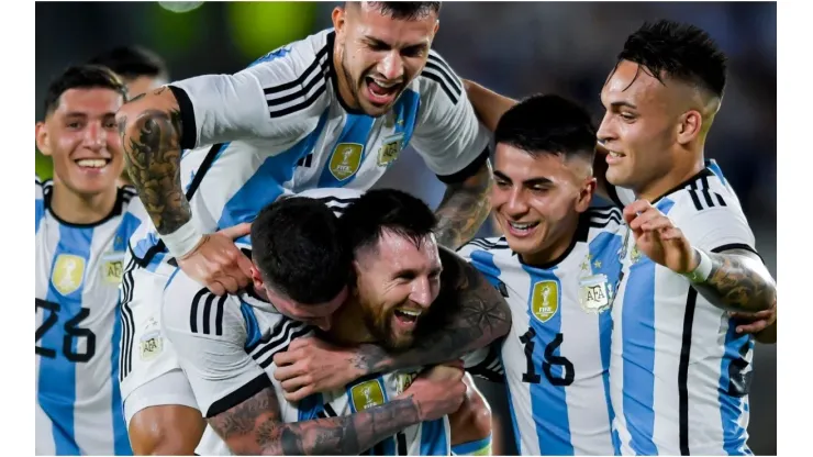 Lionel Messi of Argentina celebrates with teammates
