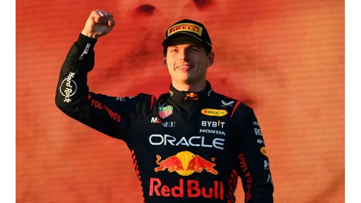 Max Verstappen on the podium after winning the 2023 F1 Australian Grand Prix
