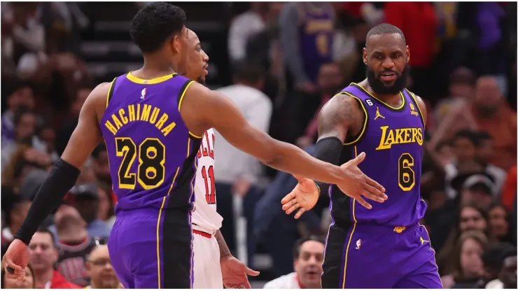 Rui Hachimura #28 and LeBron James #6 of the Los Angeles Lakers
