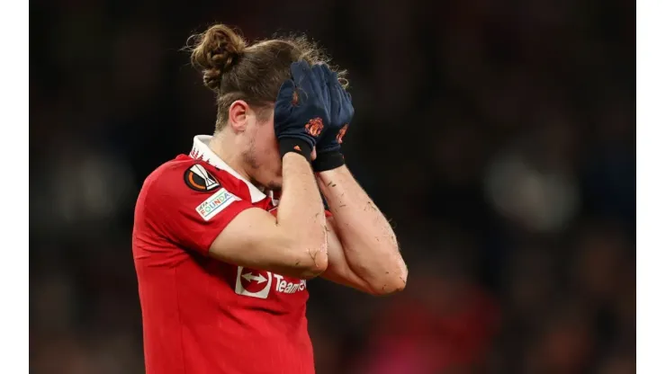 Marcel Sabitzer of Manchester United looks dejected during the UEFA Europa League quarterfinal
