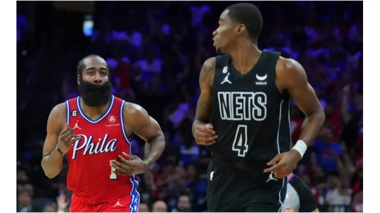 James Harden #1 of the Philadelphia 76ers reacts in front of Edmond Sumner #4 of the Brooklyn Nets
