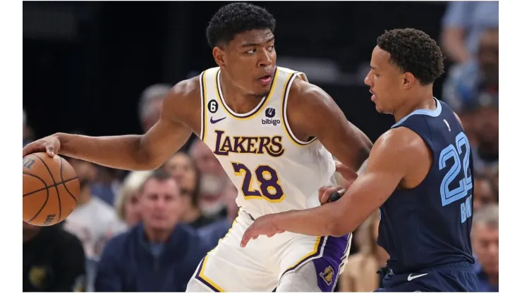 Rui Hachimura #28 of the Los Angeles Lakers handles the ball during the second half against Desmond Bane #22 of the Memphis Grizzlies
