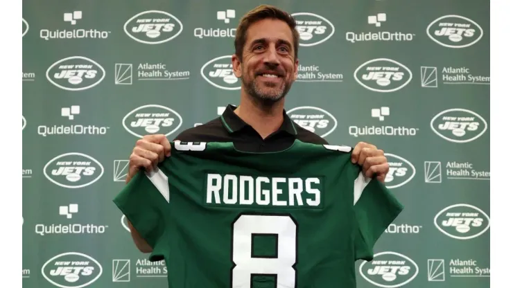 Aaron Rodgers after being introduced as quarterback of the New York Jets
