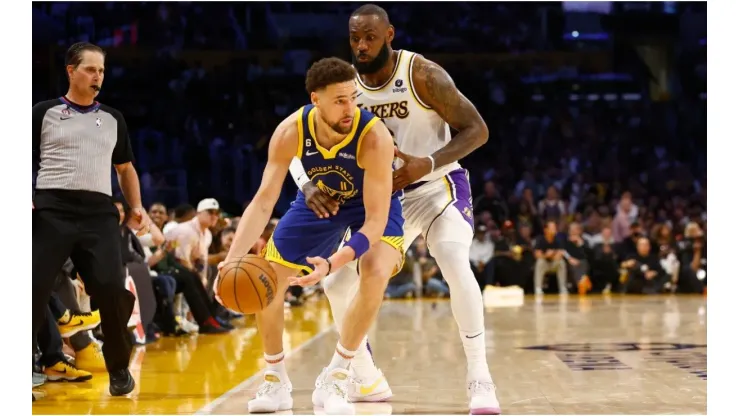 LeBron James #6 of the Los Angeles Lakers and Klay Thompson #11 of the Golden State Warriors
