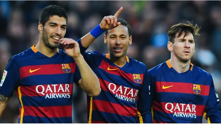 Luis Suarez, Neymar and Lionel Messi playing for FC Barcelona
