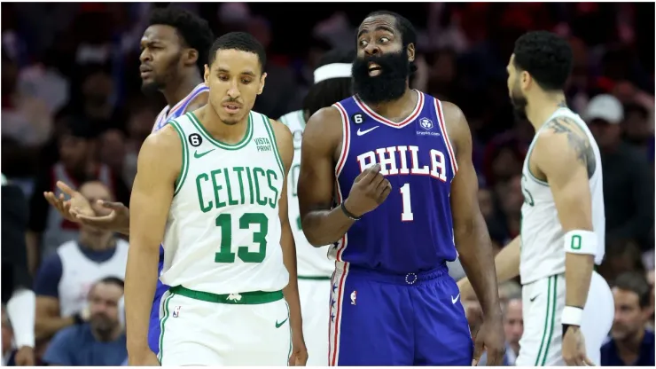 James Harden #1 of the Philadelphia 76ers reacts against Malcolm Brogdon #13 of the Boston Celtics
