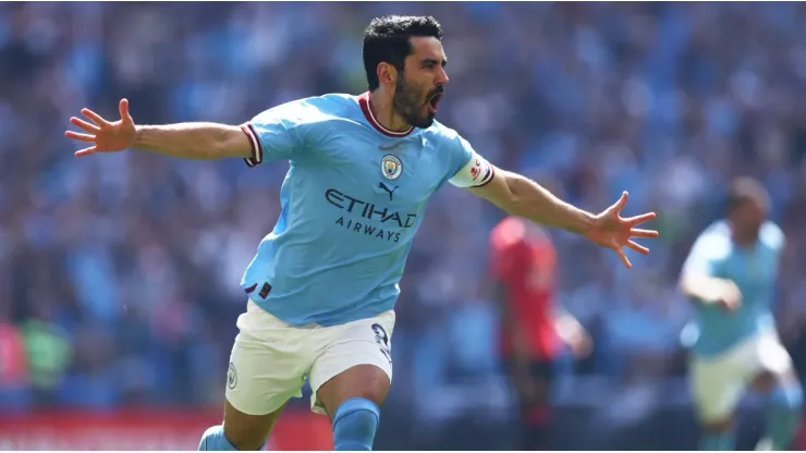 Ilkay Gundogan scores during the 2023 FA Cup final between Manchester City and Manchester United at Wembley
