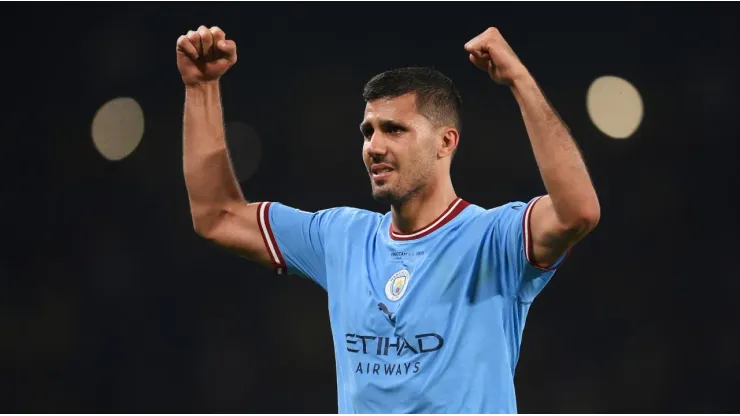 Rodri celebrates Manchester City's victory in the 2023 Champions League final against Inter
