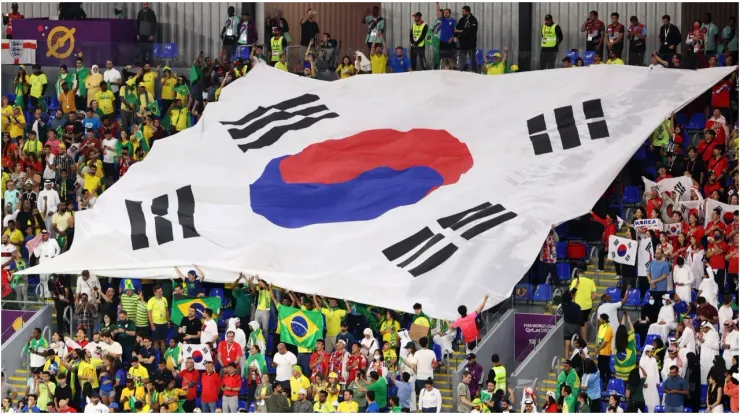 Fans hold a giant Korea Republic flag
