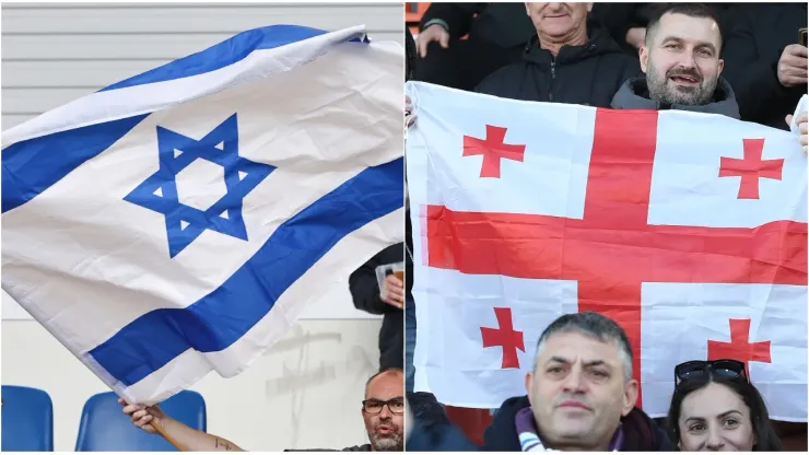 A fan of Israel waves a flag (L) and  Fans of SSC Napoli with flag of Georgia (R)
