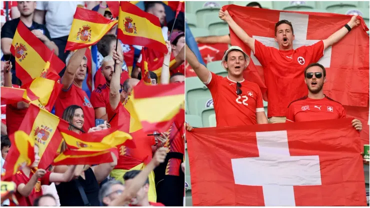 Spain fans waving flags (L) and Switzerland fans displaying flags (R)
